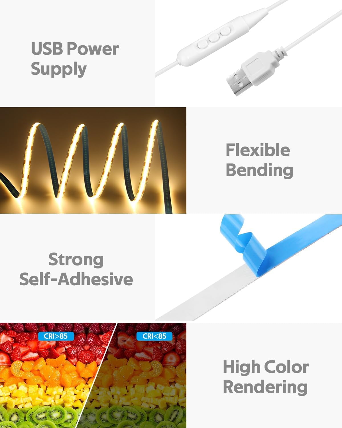 5V COB LED Strip Light for Bedroom 16.4FT USB LED Light Strip Warm White 3000K with Dimmer 320LEDs/M Flexible LED Tape Lights High Density Self -Adhesive for TV Mirror Cabinet DIY Indoor