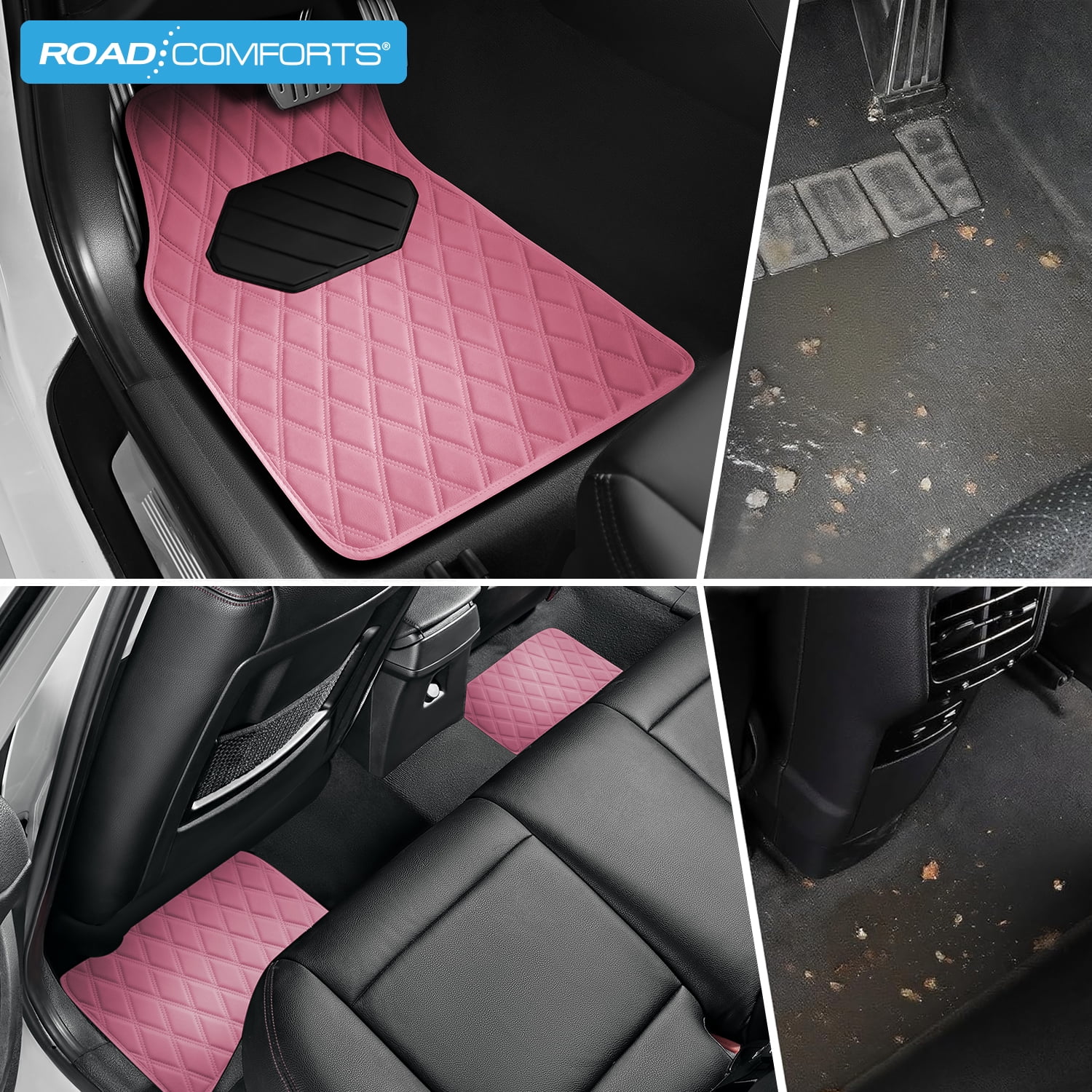 Road Comforts 4PC Leather Quilted Car Floor Mats,Stylish,Durable, Waterproof,Non-Slip,Full Coverage for Cars and SUVs Pink
