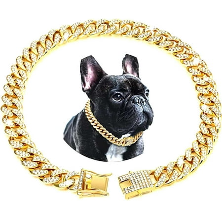 haoyueer Dog Chain Collar Diamond Cuban Link Dog Collar 13mm Wide Dog Necklace Metal Cat Chain Pet Crystal Collar Jewelry Accessories for Puppy Small Medium Large Dogs Cats (Gold  14 inch) C43