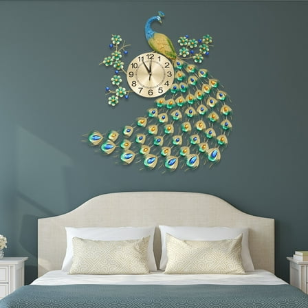 Decorative Peacock Wall Clock, 3D, Metal, Modern Wall Mounted Clock for Home