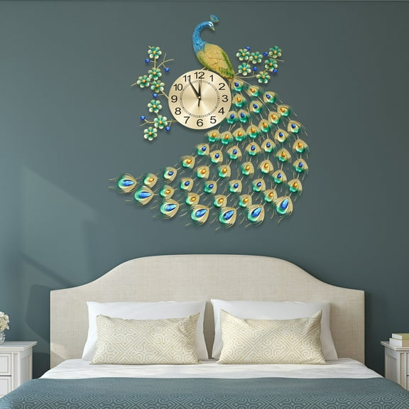 Decorative Peacock Wall Clock, 3D, Metal, Modern Wall Mounted Clock for Home