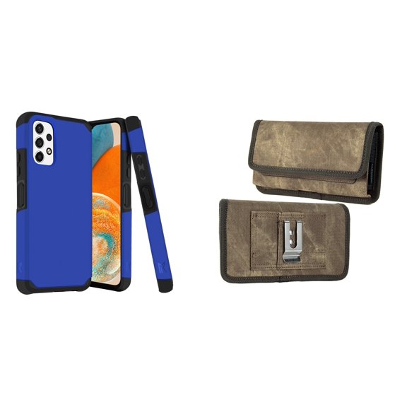 MK Armor Case for Samsung Galaxy A23 5G and Belt Holster Pouch (Blue/Brown)