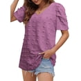 thumbnail image 4 of SLADYGLO Women Swiss Dots V Neck Puff Short Sleeve Pom Pom T-Shirt, 4 of 7