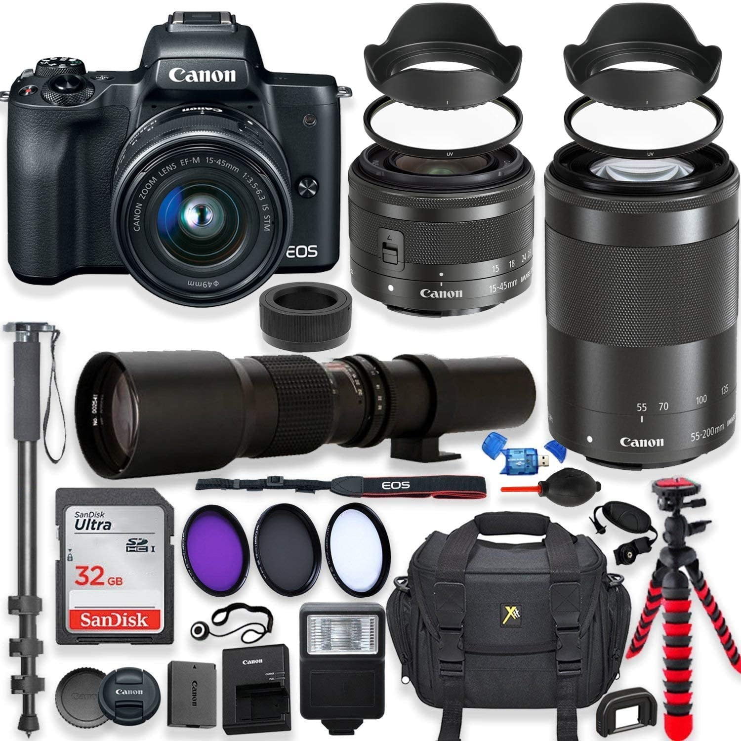 Canon EOS R50 Mirrorless Camera w/RF-S 18-45mm f/4.5-6.3 is STM Lens + EF  75-300mm f/4-5.6 III Lens + 2X 64GB Memory + Case + Filters + More (35pc
