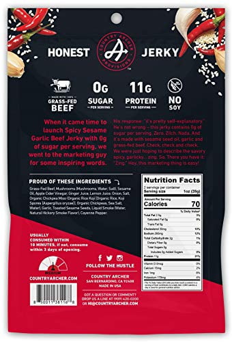 Zero Sugar Spicy Sesame Garlic Beef Jerky by Country Archer | 100% Grass-fed, Sugar-free Beef Jerky | Keto, Low Carb, Protein Snacks | 2 Ounce (6 Pack)