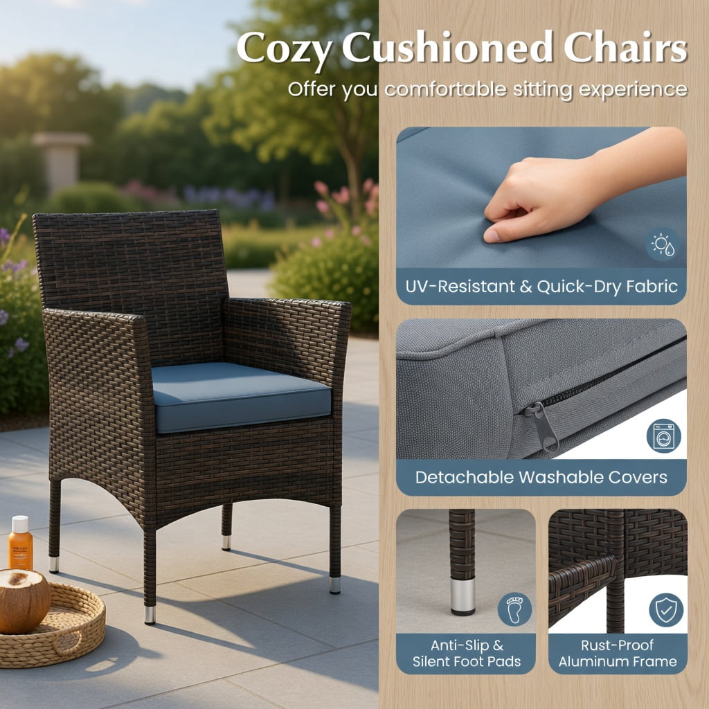 Hommoo 3-Piece Outdoor Wicker Conversation Set, PE Rattan Chairs with Cushions & Tempered Glass Square Coffee Table for Patio, Backyard, Poolside, Gray