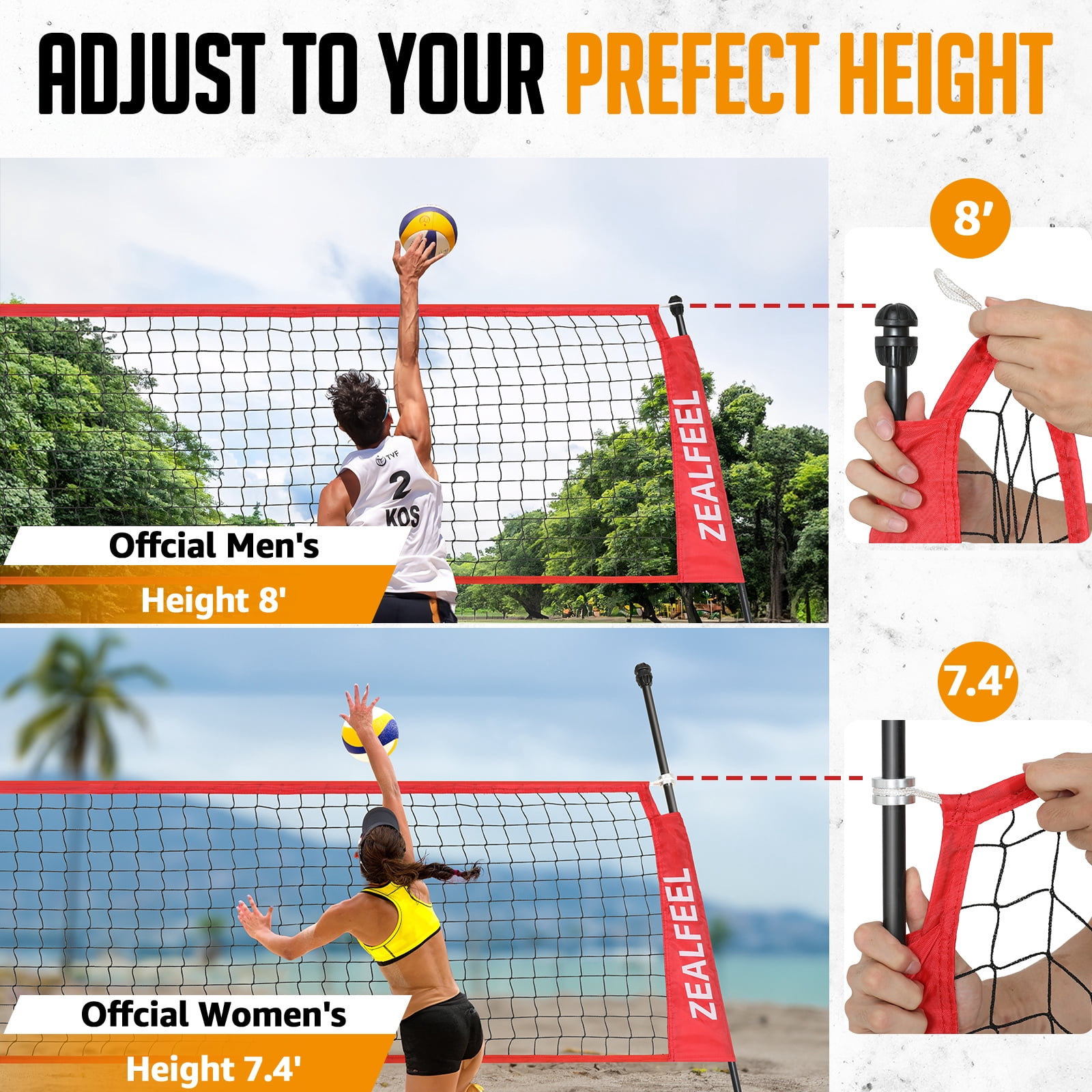 Zealfeel 12ft Volleyball Net Set: Height Adjustable Freestanding Training Net for Backyard & Outdoor Use. Includes All Accessories and Carry Bag