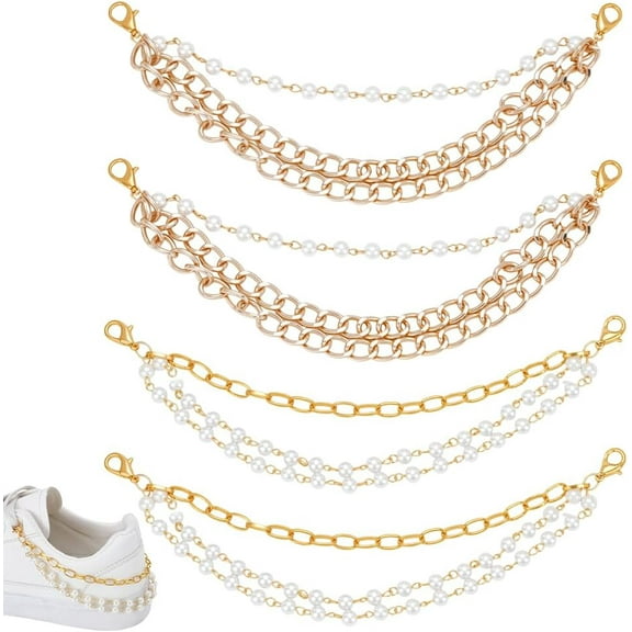 1set 4pcs 2 styles Plastic Pearl & Iron Paperclip Chains Boot Strap Chains with Alloy Lobster Claw Clasps Golden 210~215mm 2pcs/style
