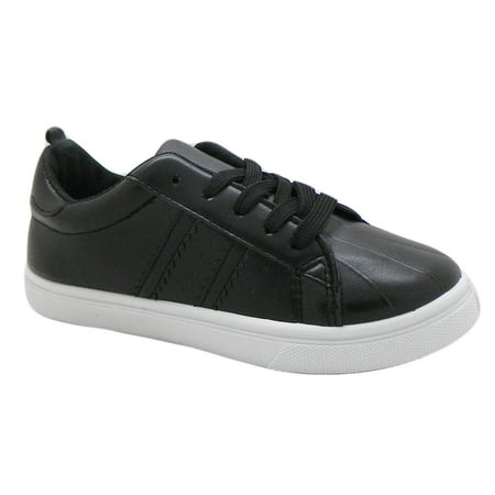 Lace Up Patent Leather Pumps - Girls Sneakers Stripes Tie up Slip on Laces for Kids - Boys Girls Sneakers Non Slip Soft Sole Stripe Casual Walking Shoes - Little Big Kids - Vegan Leather 11 Kids, Black