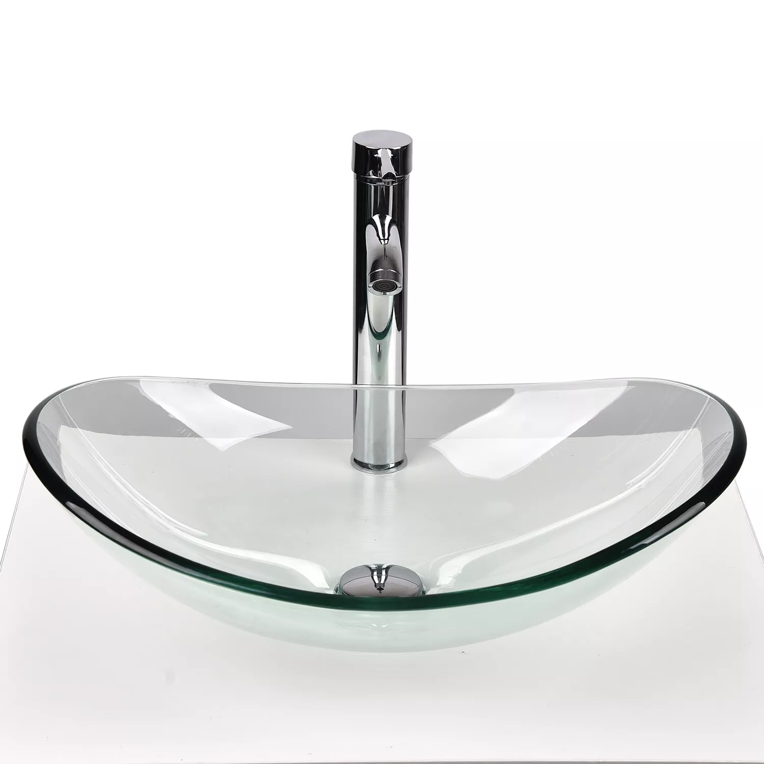 ELECWISH Bathroom Sink and Faucet Combo Artistic Tempered Glass Vessel Sink Basin Washing Bowl Set, Cabinet Countertop Sink with Chrome Faucet Pop-up Drain (Oval)