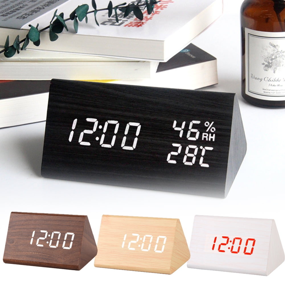 LINASHI Digital Alarm Clock, Wooden Electronic LED Time Display, Humidity & Temperature Detect