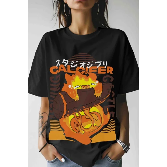 Anime Howl's Moving Castle Shirt Calcifer Black T Shirt Size S - 5XL