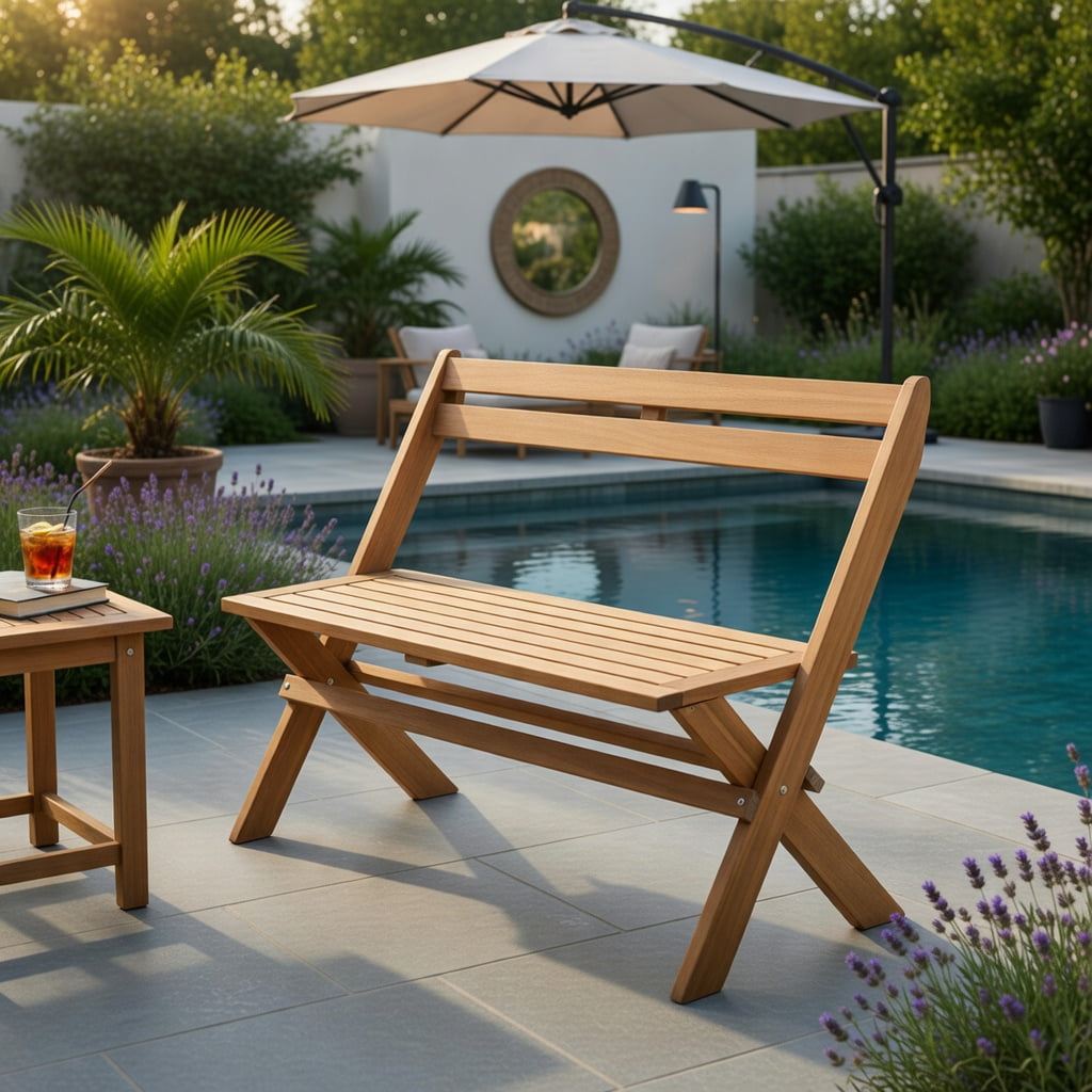 Hommoo 2-Person Folding Acacia Wood Patio Bench, Ergonomic 105° Backrest, Compact Foldable Design for Garden, Porch & Balcony, Natural