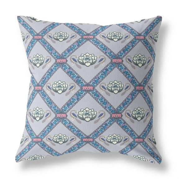 Lotus Peacock Rose Indoor/Outdoor Fabric Pillow in Gray Sea Blue Pink 18x18