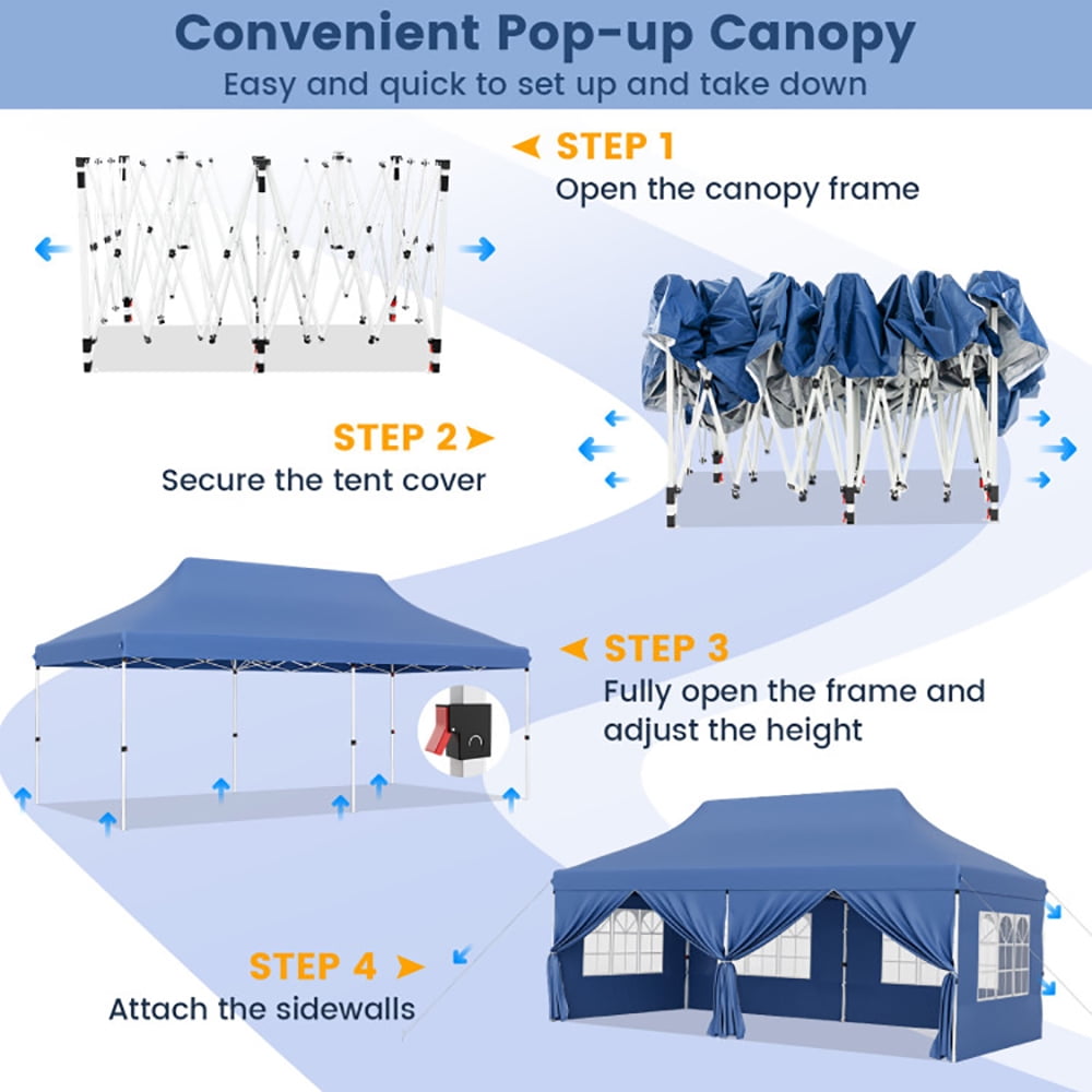 Aimee Lii 10 x 20 FT Pop up Canopy with 6 Sidewalls and Windows and Carrying Bag for Party Wedding Picnic, Canopy Gazebo for BBQ Events, Blue Aimee Lii 10 x 20 FT Pop up Canopy with 6 Sidewalls and Windows and Carrying Bag for Party Wedding Picnic, Canopy Gazebo for BBQ Events, Blue