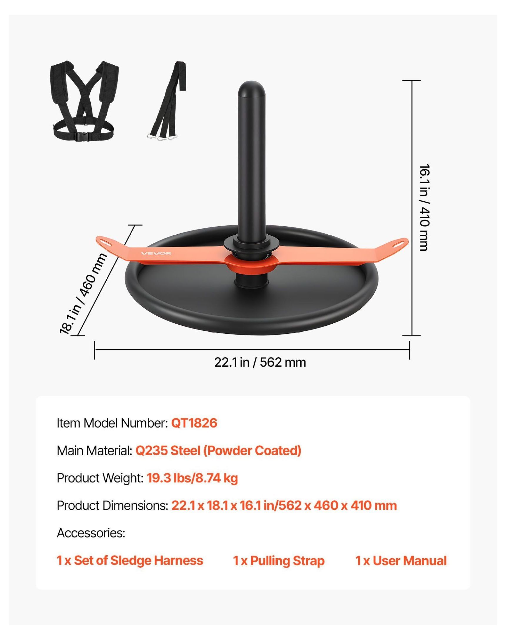 Weight Sled, Power Pull Sled for Fitness, Strength Training Sled - Orange/Black, 2 inch Plate Compatible, Heavy Duty Steel, Full Body Workout