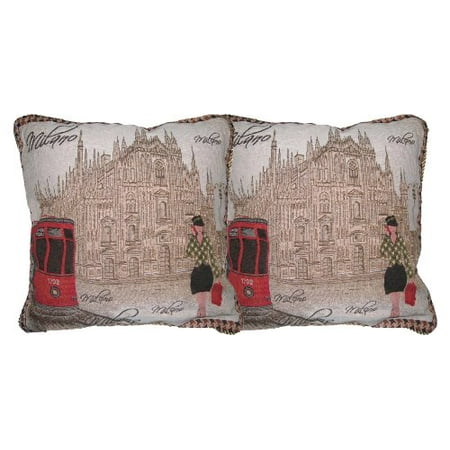 DaDa Bedding DP-G14421 Postcard of Milan Woven Decorative Pillows  18 by 18-Inch  Set of 2 DaDa Postcard of Milan 2 pieces Woven Decorative Pillows. The picture of cover is colorful and impressive  also match with many types of sofas. Zipper is hidden under detail flap on reverse side  which made the insertion or removal easy. Pillow is luxuriously filled by 13.40 oz. (380 gram) Polyester with 100% polyester cover; Cushion size 20 by 20 inch. Cushion cover face is made of 45% cotton 55% polyester  back: 35% Cotton 65% Polyester; Cover size 18 x 18 Inch. Care Instruction: Dry Clean  also for washing separately: Cushion cover would be dry clean and pillow is machine wash on a gentle cycle at a low temperature under 40 C/107 F  use mild detergent/Warm Iron  Line dry  No Bleach/No dry clean  Wash separately.