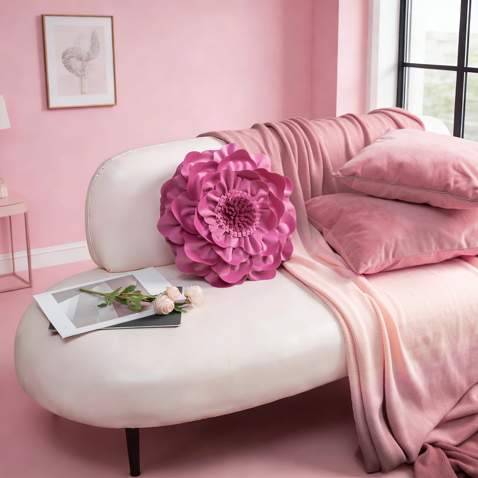 JWH 3D Round Cloud Soft Flower Velvet Throw Pillow No Pilling Decorative Throw Pillow 14inch Hot Pink for Sofa Bed Living Room Decor