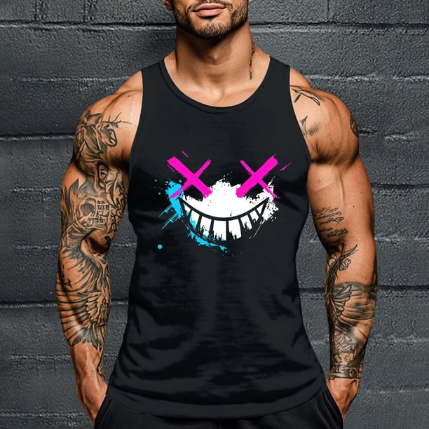 Camiseta sin mangas de cuello redondo para hombre, con estampado de Halloween, cuello redondo, estilo informal, deportiva, para hombre