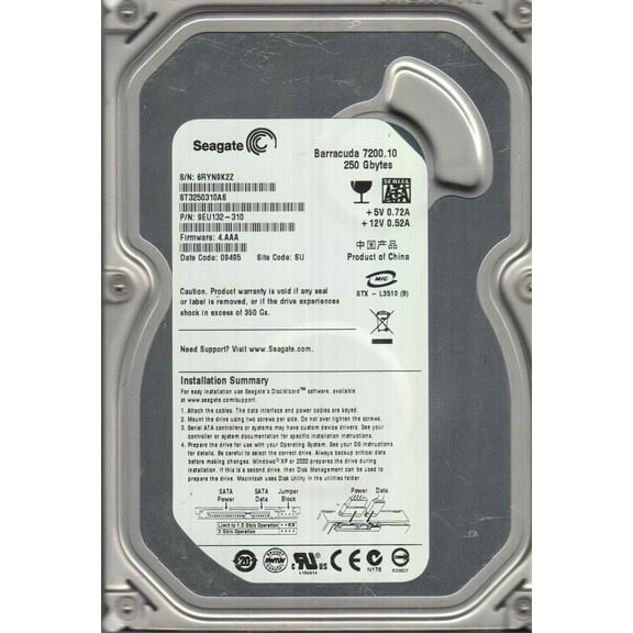 ST3250310AS, 6RY, SU, PN 9EU132-310, FW 4.AAA, Seagate 250GB SATA 3.5 Hard Drive