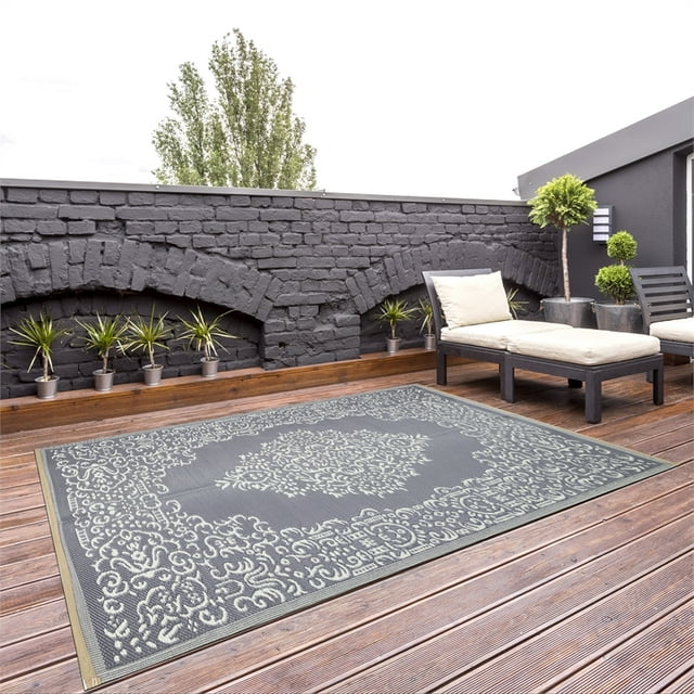 Espace Extérieur Réversible Rug - 8x10 - Design Oriental - Gris Blanc
