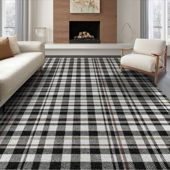 ODIKA 8'x10' Washable Area Rug Non-Slip Chair-Friendly Mat Checkered Under Farmhouse Tartan Gingham Doormat Layering Plaid Flowing Dynamic for Dining Room, Large Office, Lounge