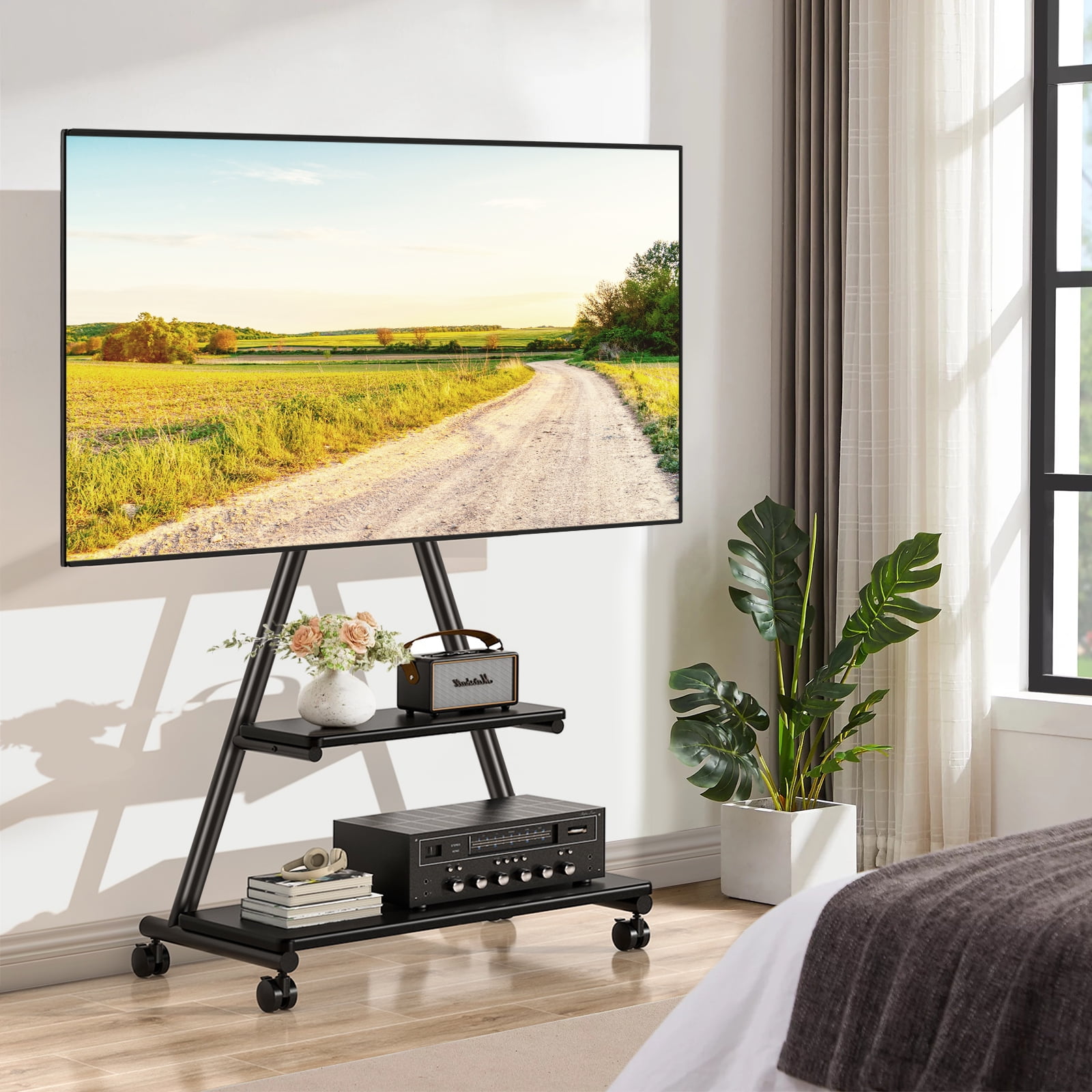 TAVR Furniture Universal Mobile TV Cart up to 80 inch TV, Rolling TV Stand on Wheels with Mount with Storage Shelf