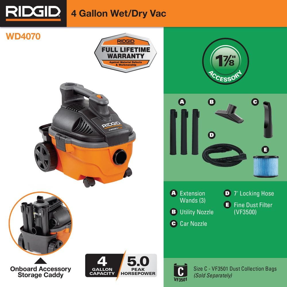 4 Gallon 5.0 Peak HP Portable Shop Vac Wet Dry Vacuum with Fine Dust Filter, Locking Hose and Accessories