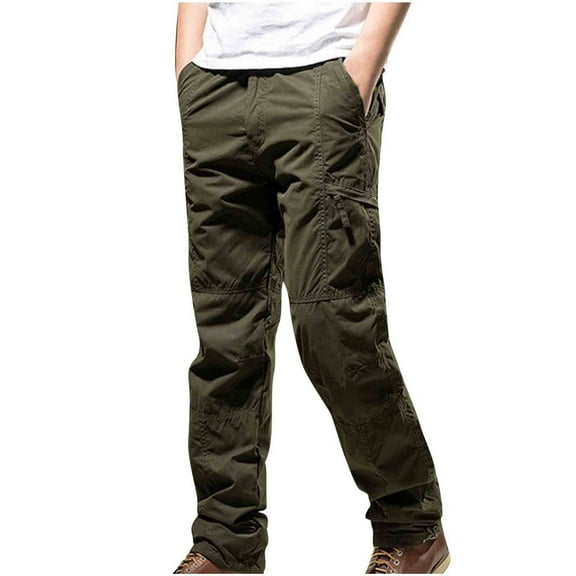 successthop Cargo Pant Elastic Waist for Men Fleece Solid Workwear with Multiple Pockets Zipper Casual Trousers