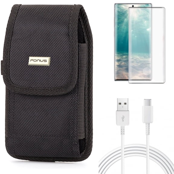 10ft USB-C Cable & Screen Protector & Case Belt Clip for Samsung Galaxy Note 20 (6.7") - Combo with Type-C Charger Cord & Tempered Glass (Fingerprint Unlock) & Rugged Holster