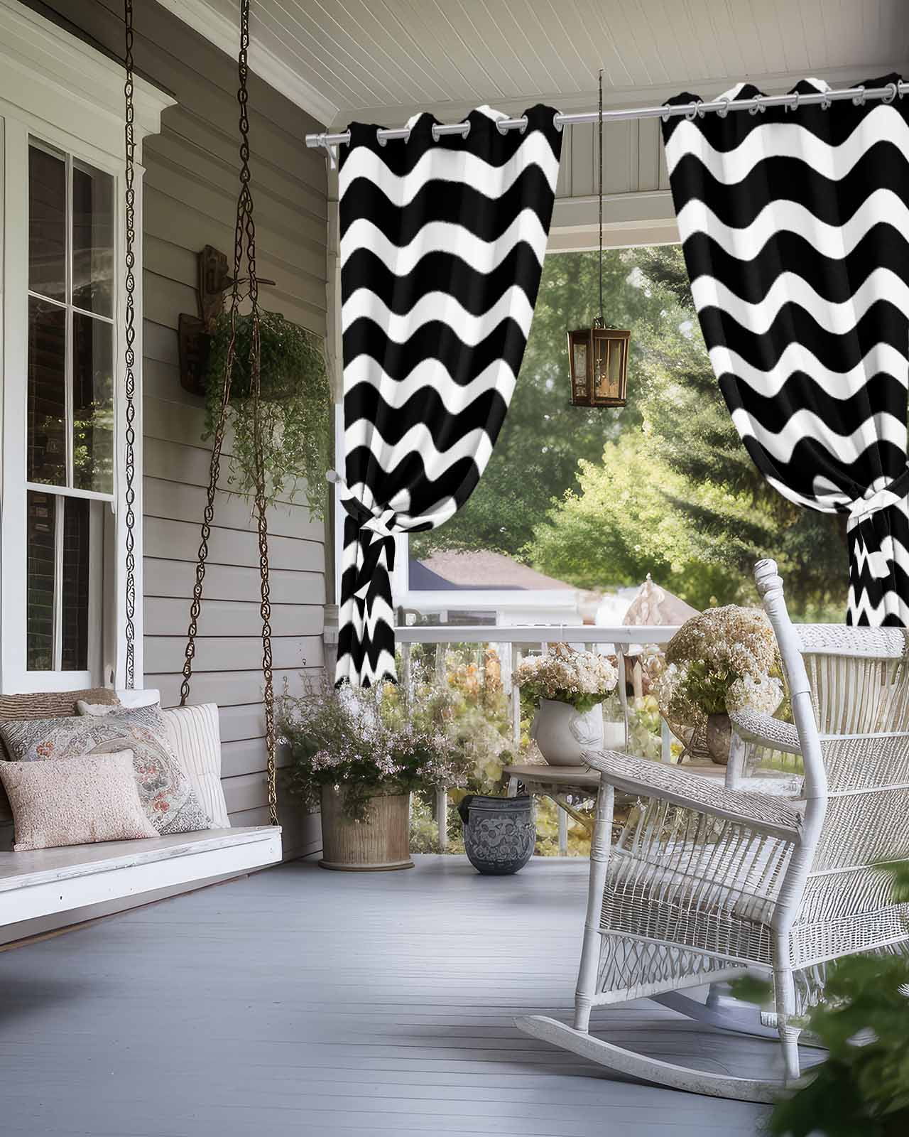 Black Moire Ombre Outdoor Curtains for Patio, Water Ripple Stripe Farmhouse Privacy Drapes Grommet Waterproof Outside Curtains for Porch/Cabana/Balcony 54"x 95", 2 Panel