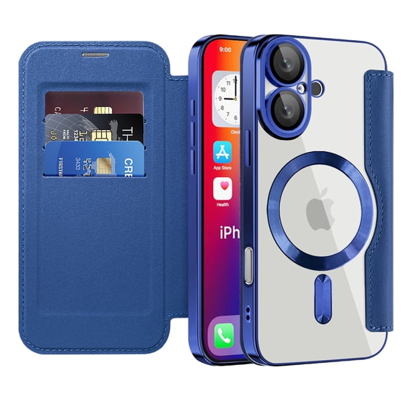 ShellTech for iPhone 16 Flip Wallet Case with Magnetic Clear Back, Compatible with MagSafe, RFID Blocking Card Slots, Camera Lens Protector, PU Leather Protective Slim Phone Cover,Royalblue