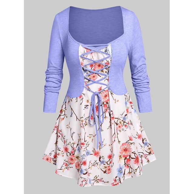 Talla grande de encaje con estampado floral 2 en 1 camiseta Rosegal Mangas largas de talla grande