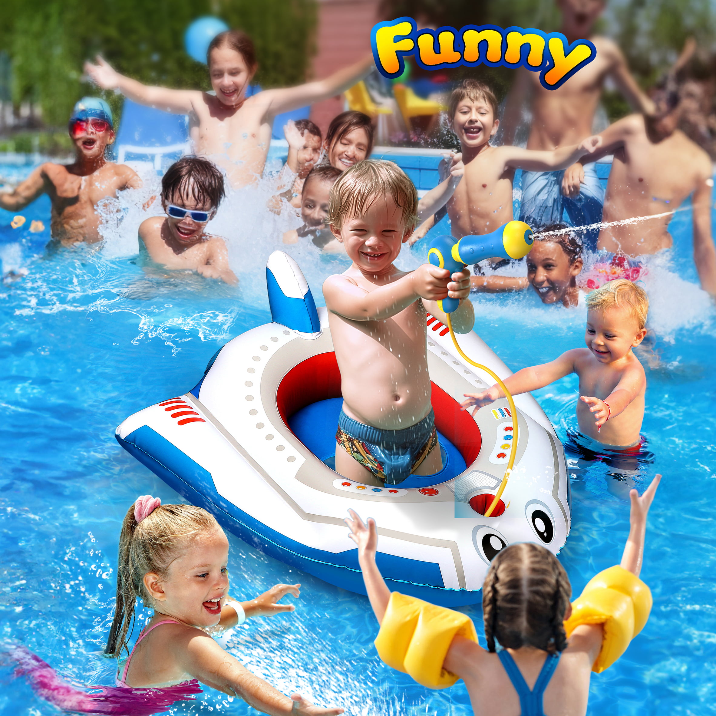 TONESAPC Inflatable Kids Pool Float with Water Gun, Cute Car Shape