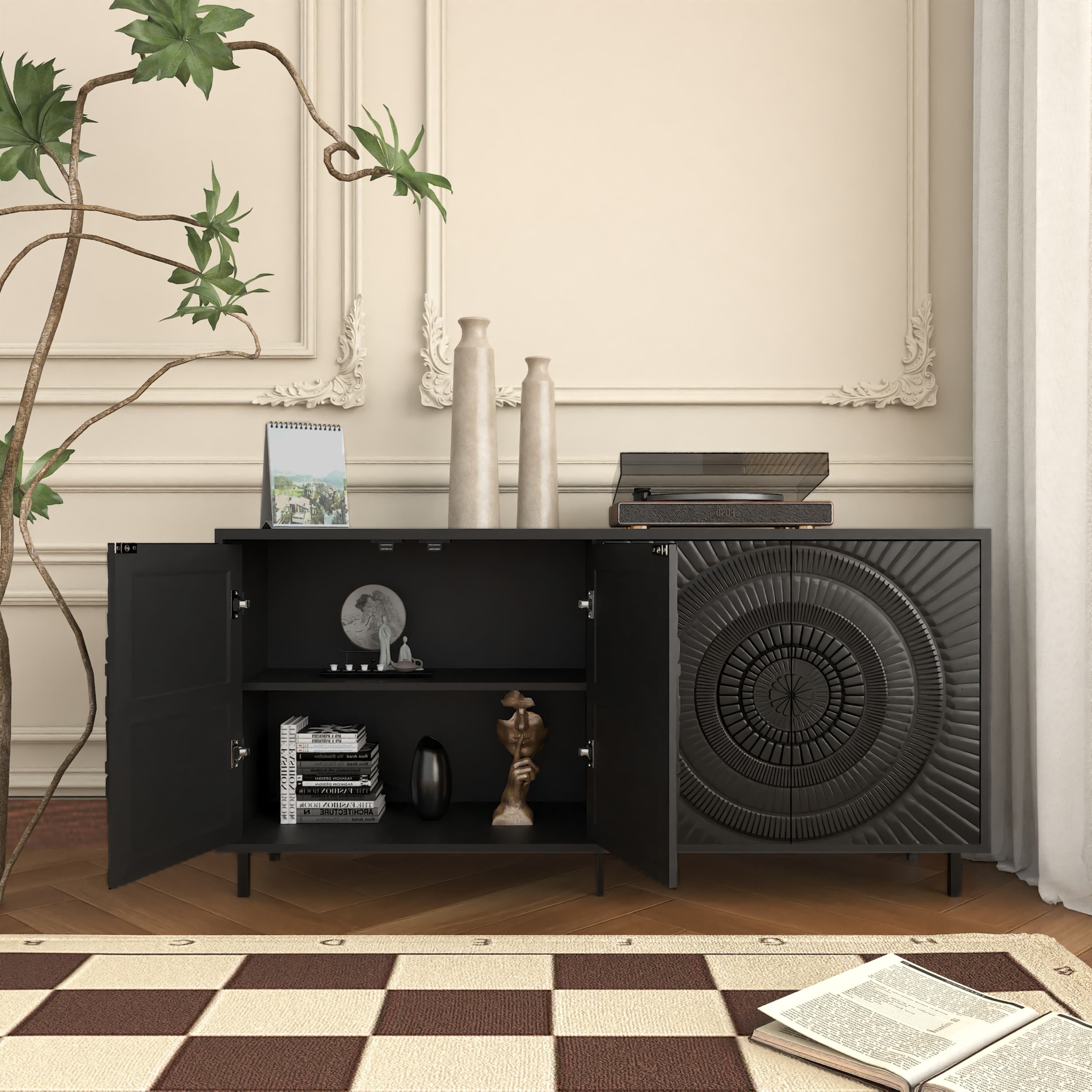 Aukfa Modern Wood Sideboard Buffet, Accent Storage Cabinet for Dining Room & Living Room,Black