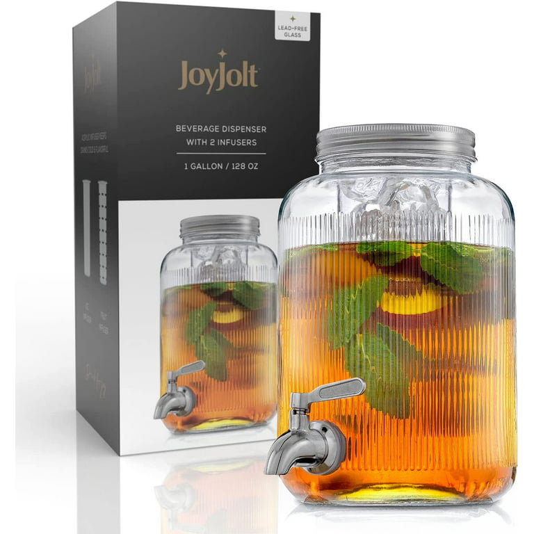 JoyJolt Glass Fluted Drink Dispenser with Spigot, Ice Infuser, & Fruit  Infuser - 1 Gallon, Large Party Drink Dispenser