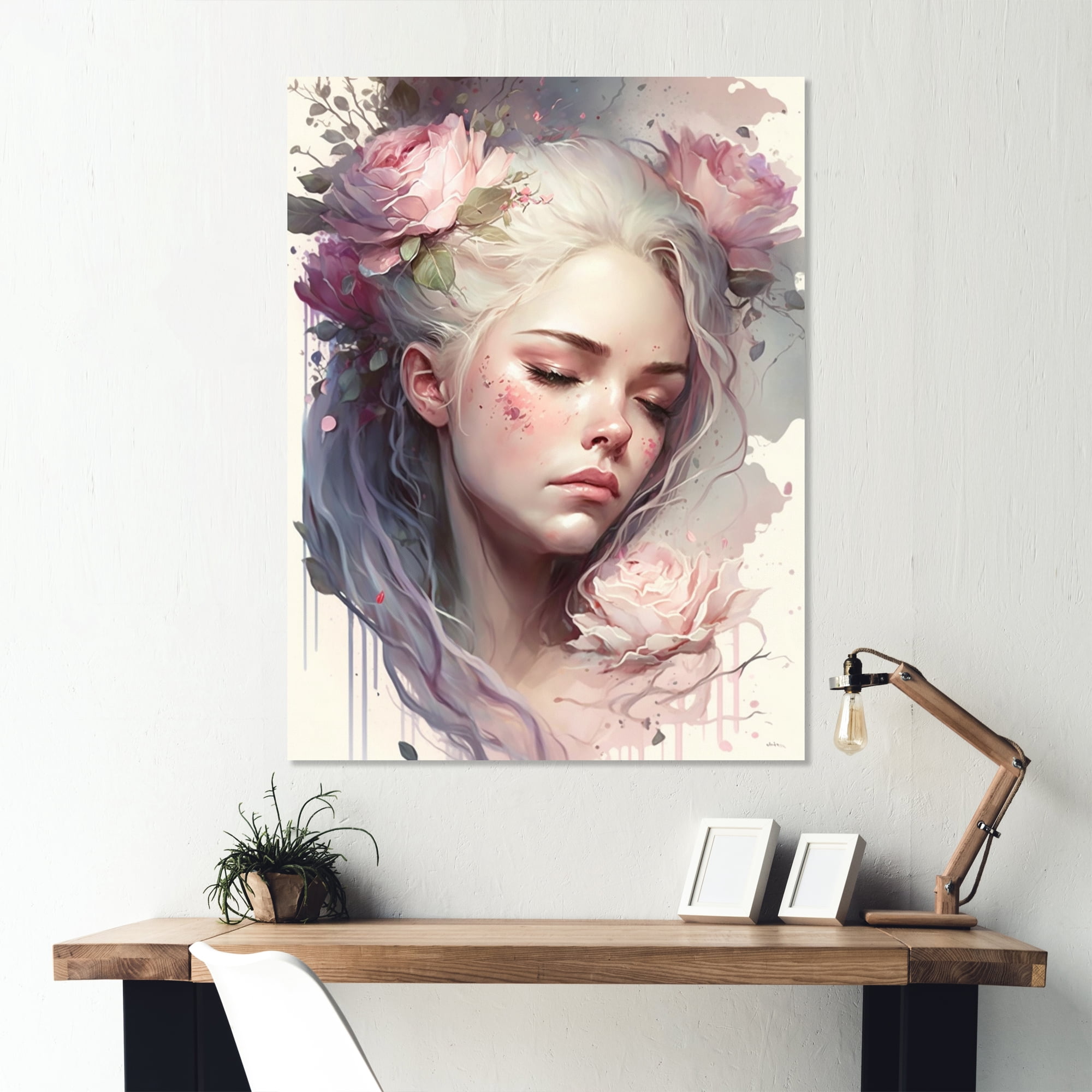 Designart Woman'S Face With Eyes Closed And Flowers In Her Hair Canvas Wall Art