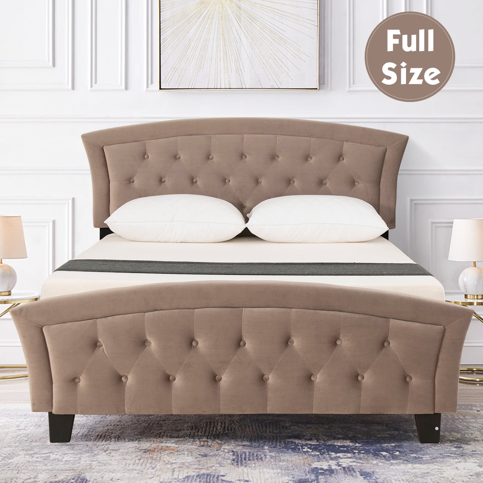 Mecor Velvet Upholstered Platform Metal Bed Frame Furniture Wood Slates