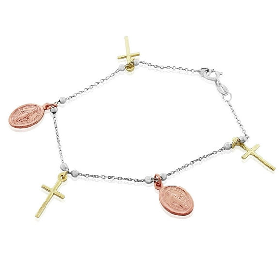 925 Sterling Silver Rose Yellow Gold-Tone Religious Latin Cross Virgin Mary Christian Chain Bracelet