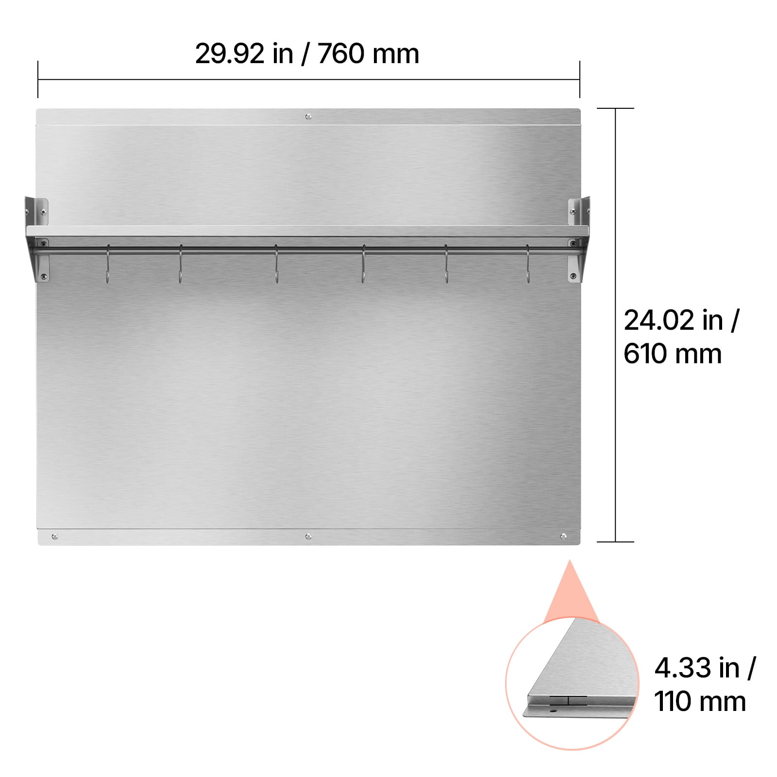 KFFKFF 30" x 24" Stainless Steel Stove Backsplash, Flat Splatter Guard with Shelf & Hanging Rack, Wall Protector Panel, Easy to Clean, Pre-Drilled Holes for Quick Installation
