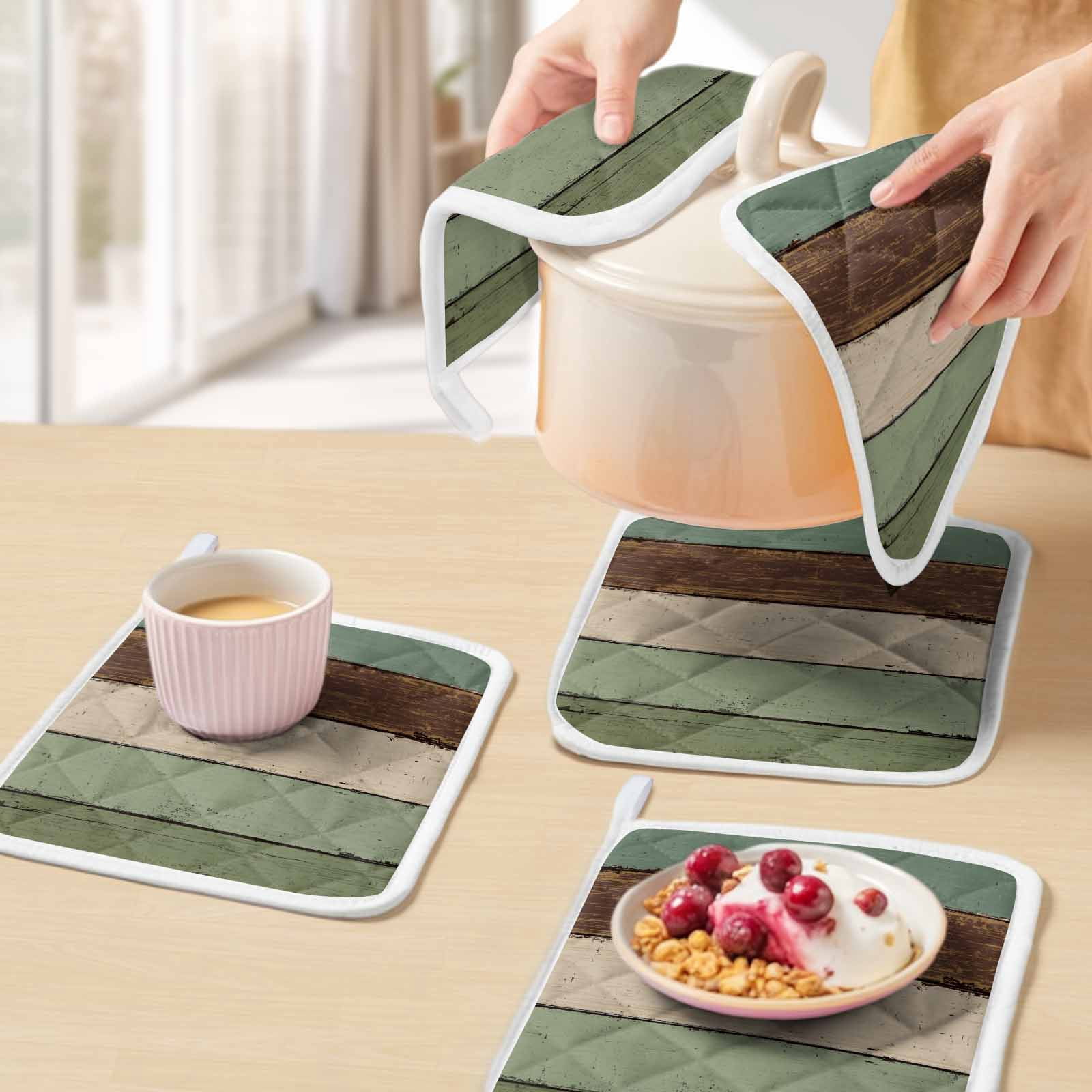 Green Brown Pot Holders for Kitchen Heatproof Potholder, 3 Pack Country Wood Grain Abstract Stripe Hot Pads Multipurpose Oven Pads Cloth Potholders Trivet for Cooking Baking