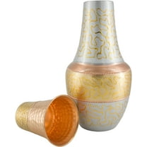 Pure Copper Bedside Water Carafe with Tumbler-1.4L (47.3 fl oz) Silver & Gold Toned | Supports Ayurvedic Health Benefits