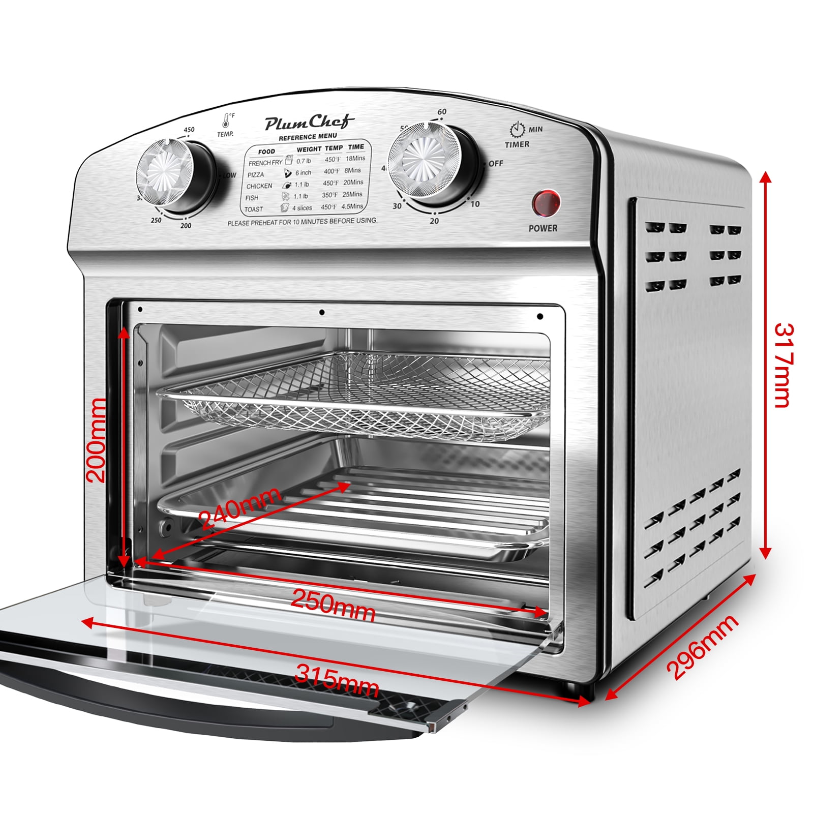 PlumChef 13 Quart 4 Slices Air Fryer Convection Toaster Oven, 1500W, 7 in 1 Multifunction with Roast, Bake, Grill, Broil, Toast, Dehydrate, Defrost, Stainless Steel