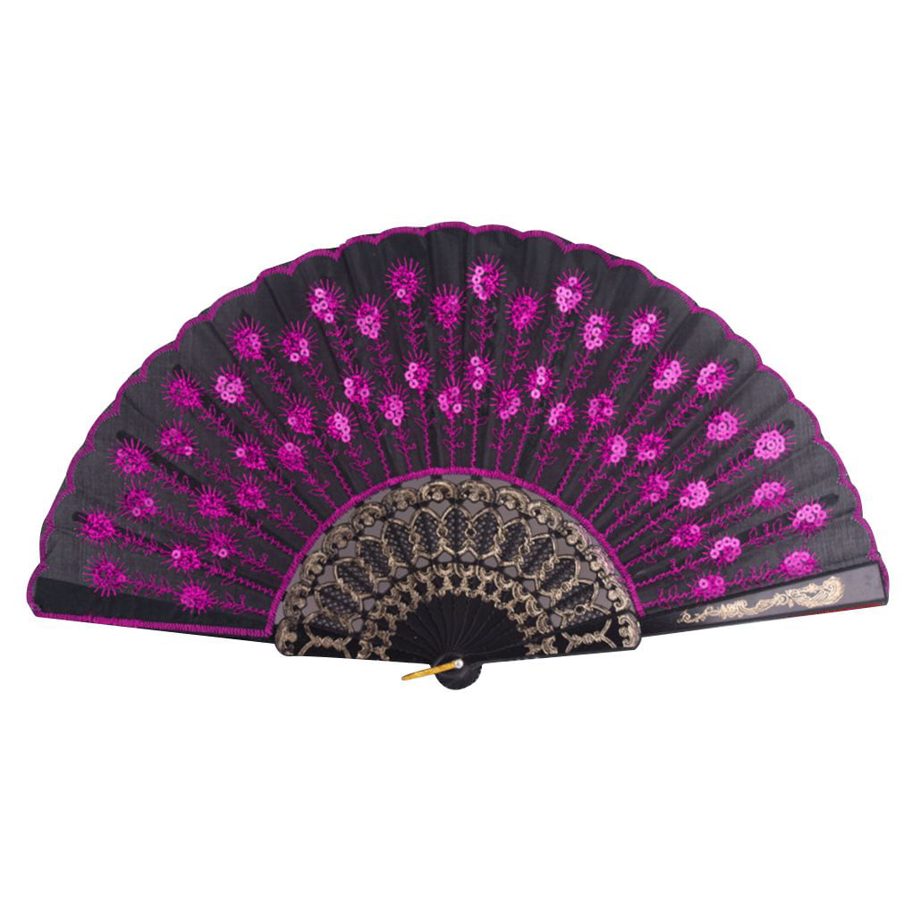 Chinese Sequin Peacock Tail Feather Hand Fan Folding with Black Gold Trims New 