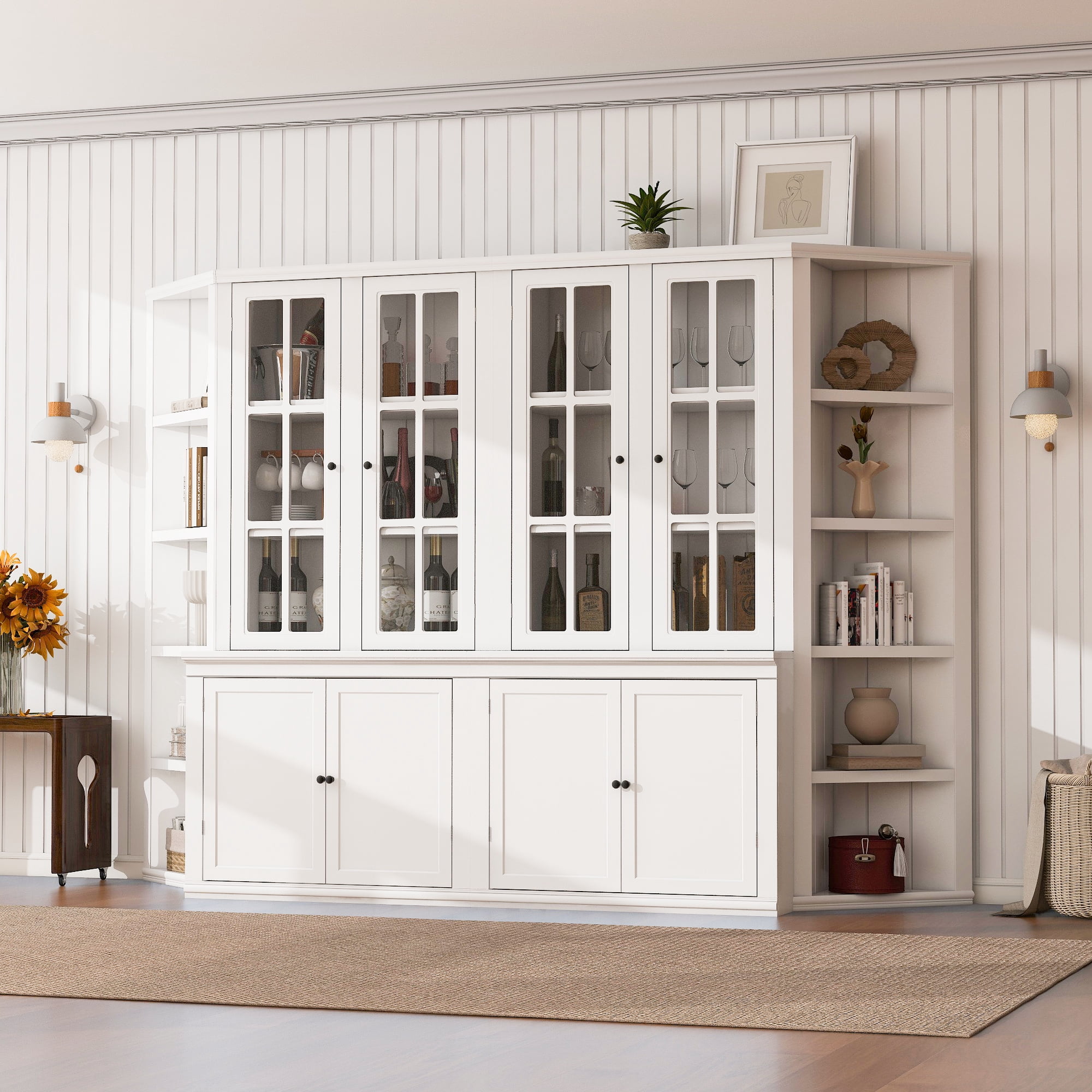 Euroco 2x 75.25'' Tall Display Cabinets and Two Triangle Sided Bookshelves, 105.5'' Wide Retro Style Wall Suit with Glass Doors, for Hallways, Living room, Office, Studio or Workspace - White