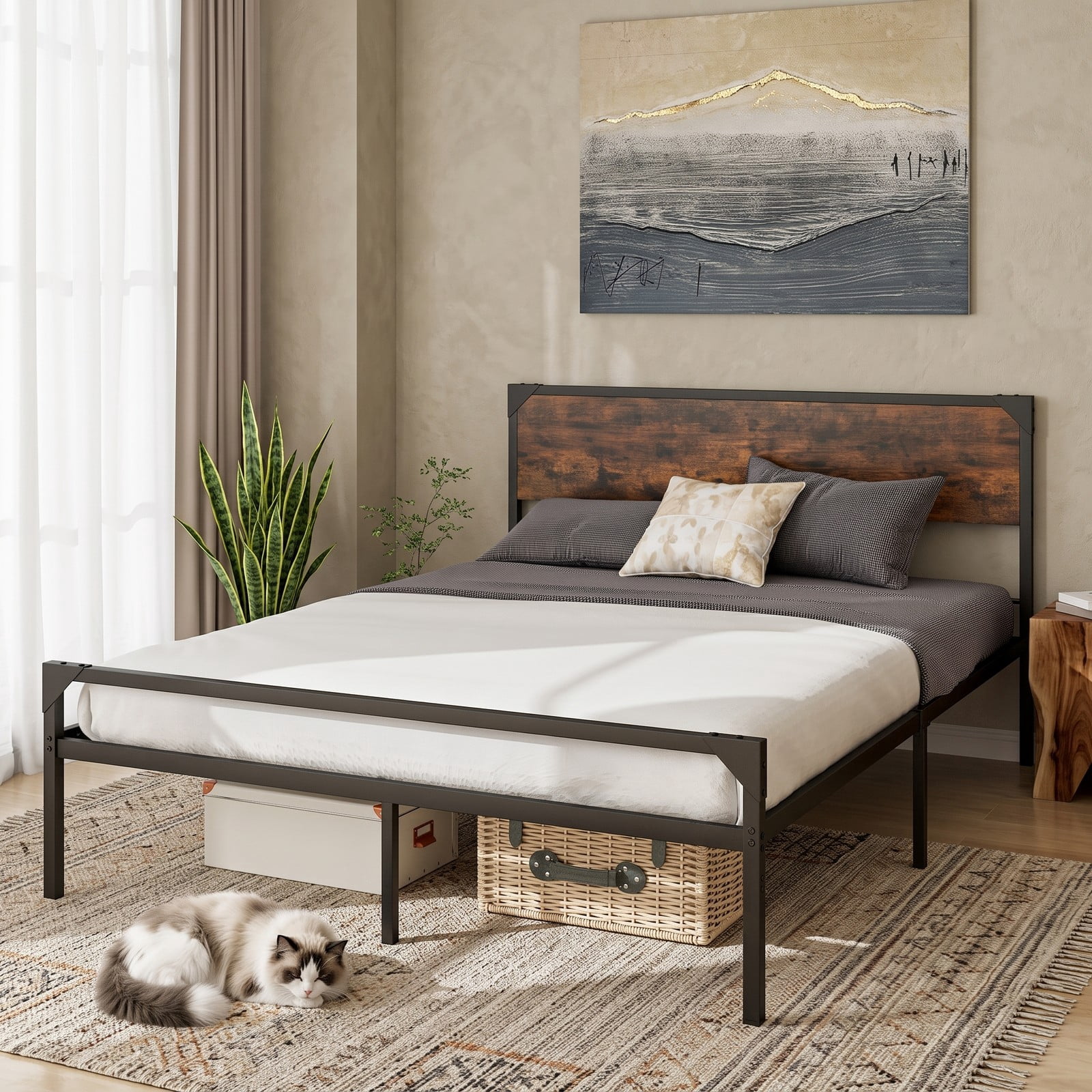 Furnibear Queen Platform Bed Frame with Rustic Wood Headboard and Footboard and Under-Bed Storage for Bedroom, Rustic Brown and Black