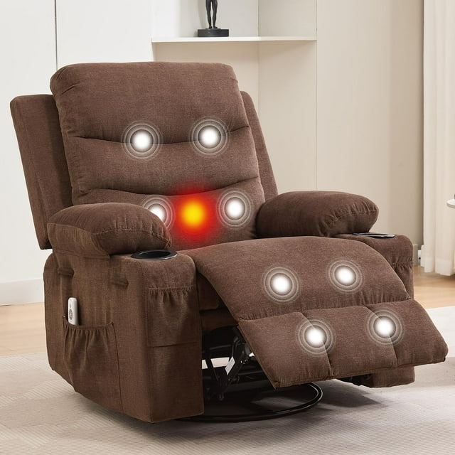 Cherish Oversized Recliner Chair Nursery – Manual Reclining Rocker, 360° Swivel Glider with Cup Holder, Massage & Heat, Small Single Sofa for Adults, Bedroom, RV