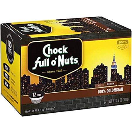 Chock Full Onuts 100 Percent Colombian Medium Roast Coffee, Single Serve Cups, 36 Count