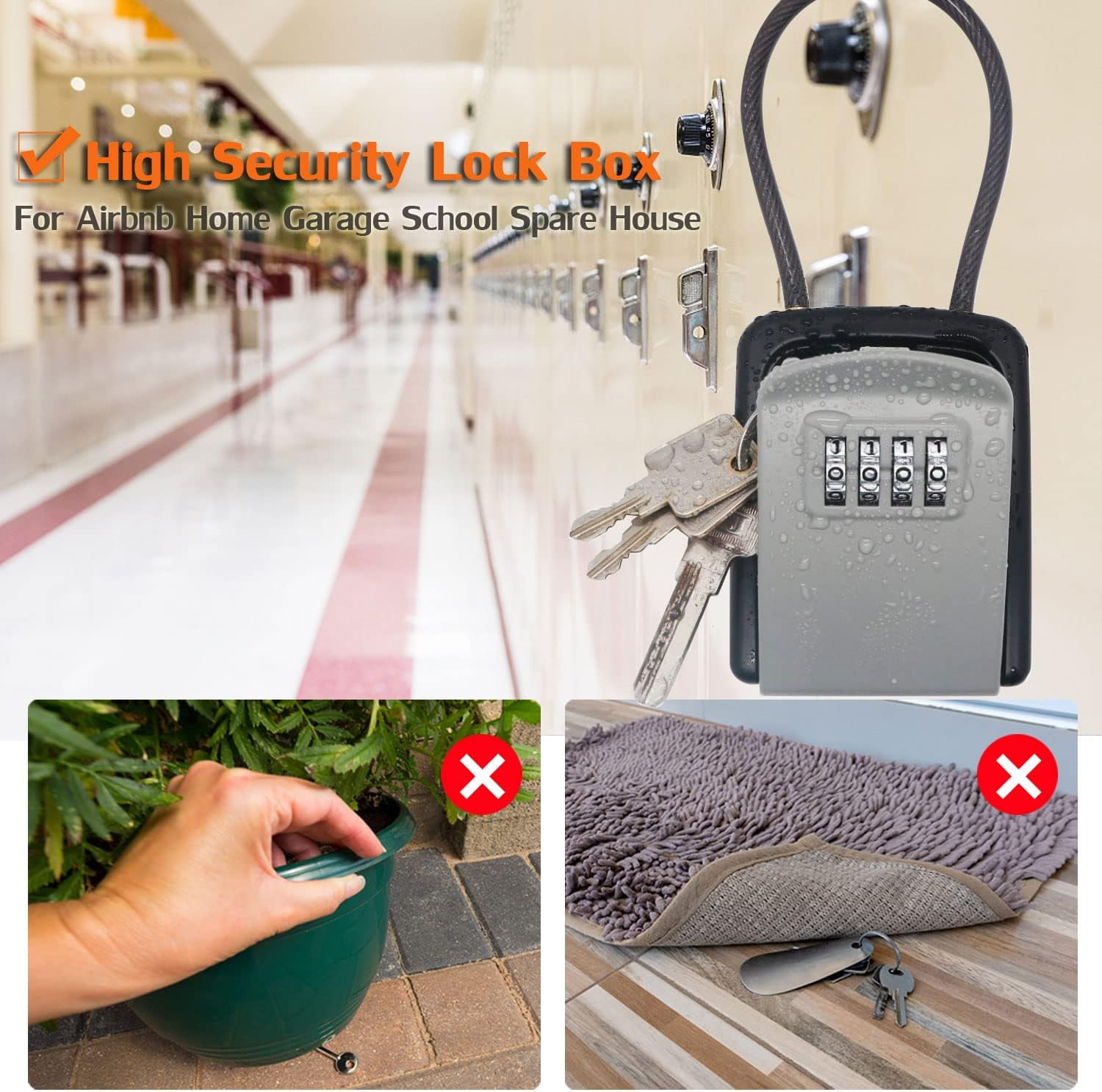 Key Lock Box, 4 Digit Portable Lock Box, Outdoor Waterproof Resettable Code Security Key Storage Box Portable for Indoor Outdoor Home, Office, Garage, School, Gym, Airbnb, Realtor