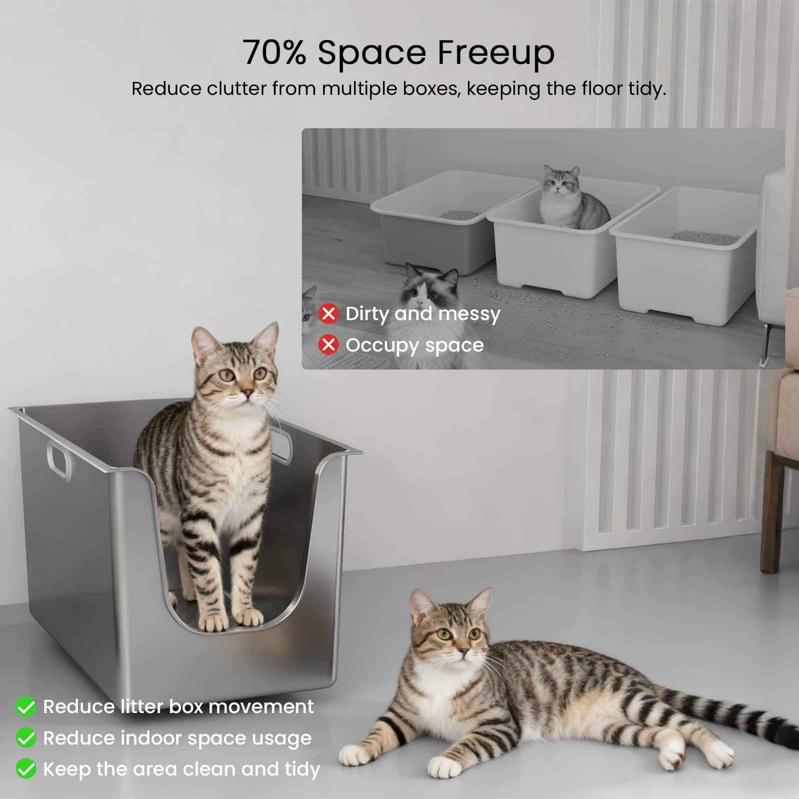 Stainless Steel Litter Box 11.8'' High Sides  Xl Metal Cat With Curved Low Entry Pan For Big & Multiple Cats Pet Toliet Handy Wheels Easy Moving